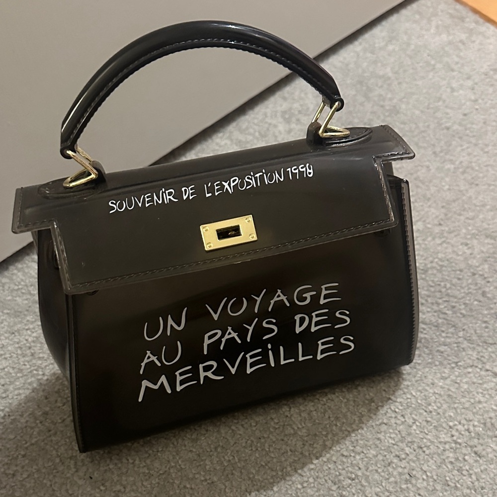 French Black Handbag with White Text NWOT